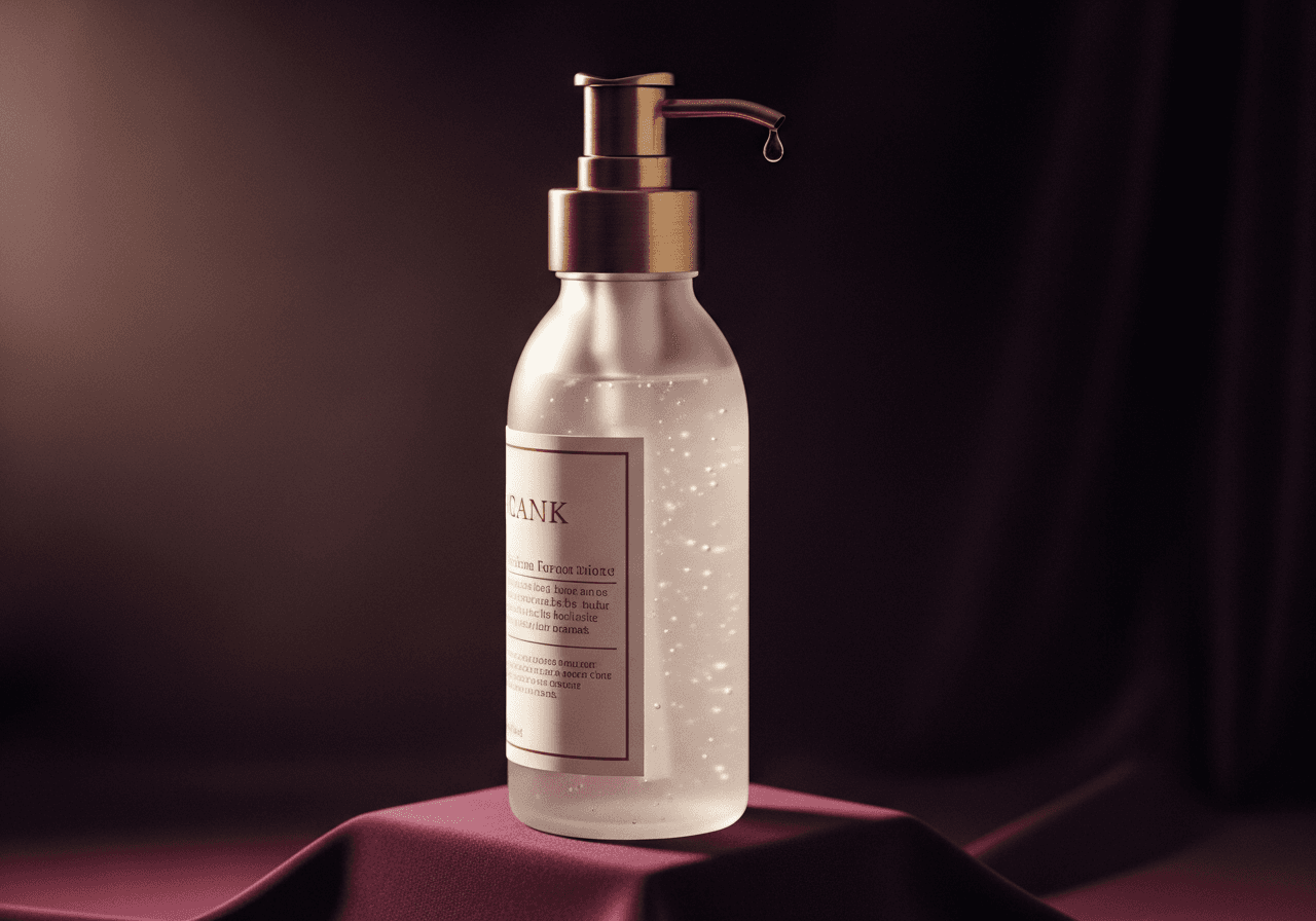 Frosted-glass pump bottle of foaming cleansing gel on deep aubergine velvet, brushed-brass dispenser.