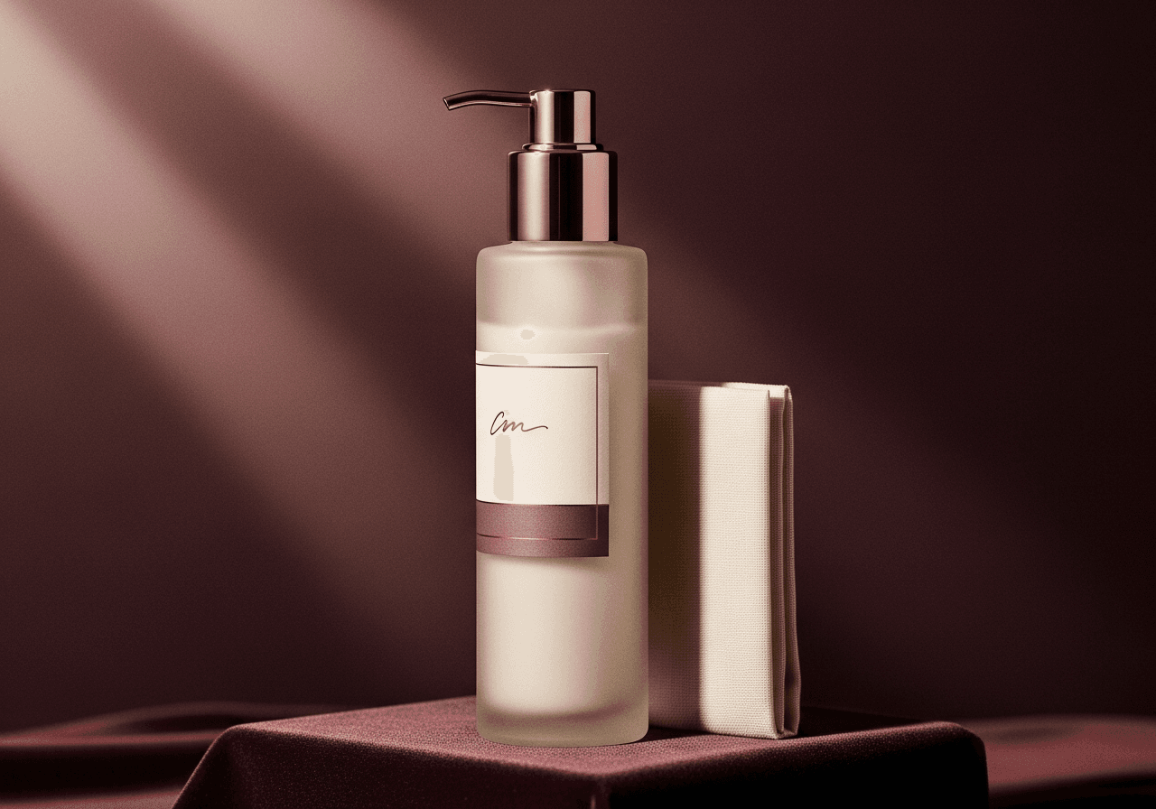 Frosted-glass pump bottle of cleansing milk on deep aubergine velvet, folded cream linen square beside.