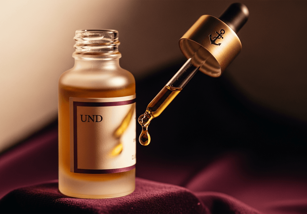 Frosted-glass dropper bottle of amber essence with a single golden oil droplet caught mid-fall.