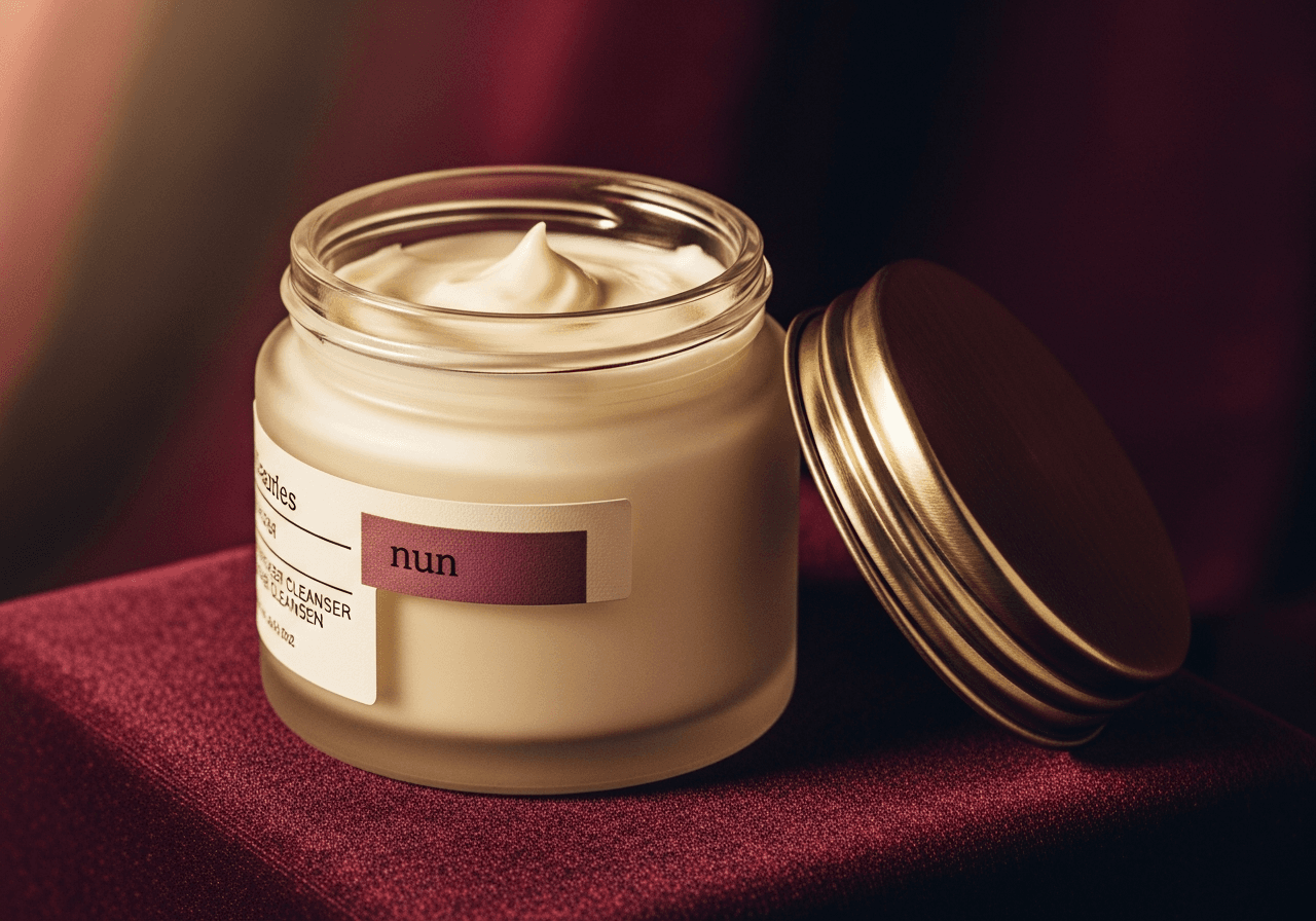Open frosted-glass jar of rich ivory moisturizer with brushed-brass lid tilted beside it.