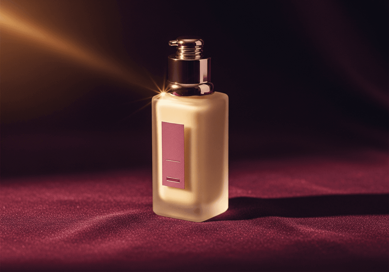 Frosted-glass tube bottle of SPF 35 sunblock on deep aubergine velvet with a warm sunbeam ray.