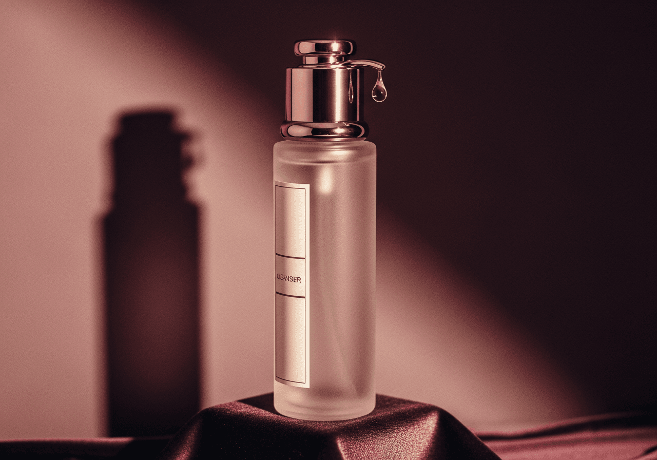 Frosted-glass toner bottle with brushed-brass twist cap on deep aubergine velvet.