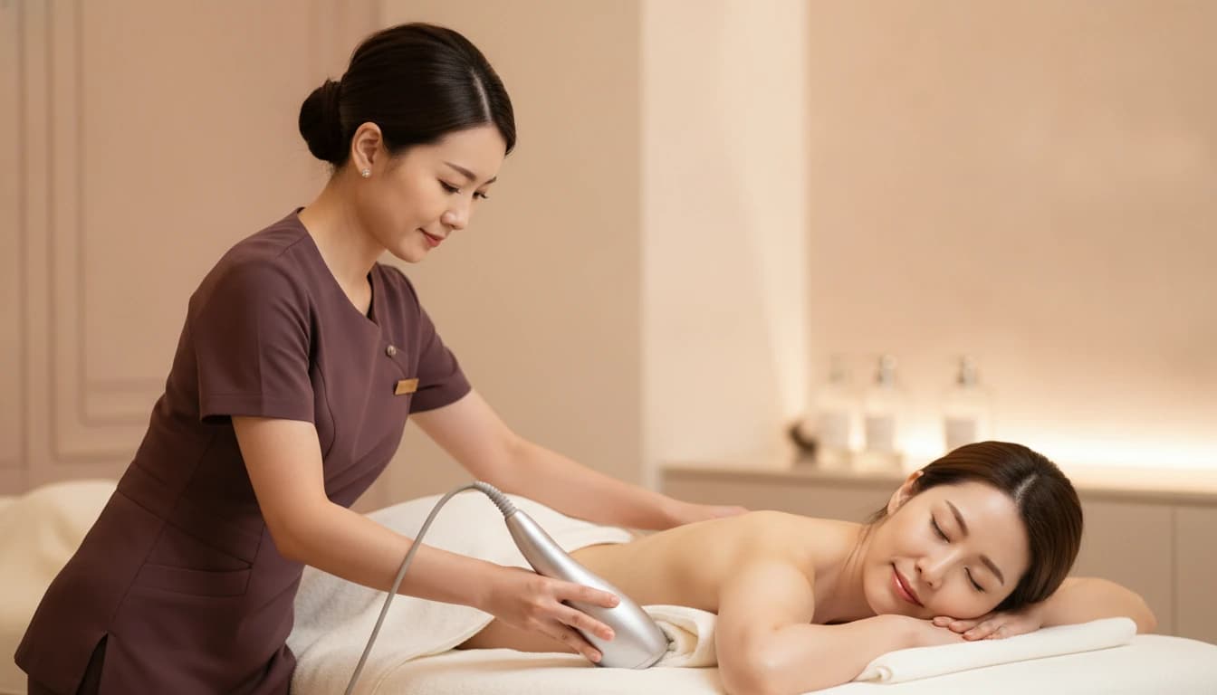 A beautician gliding a smooth body-care device slowly along a client's lower back, draped in cream towels.