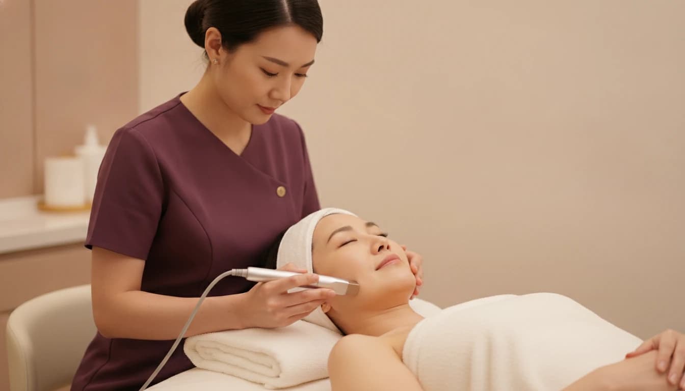 A beautician gliding an ultrasonic facial wand along a reclining client's cheek, a soft towel wrapped at her hairline.