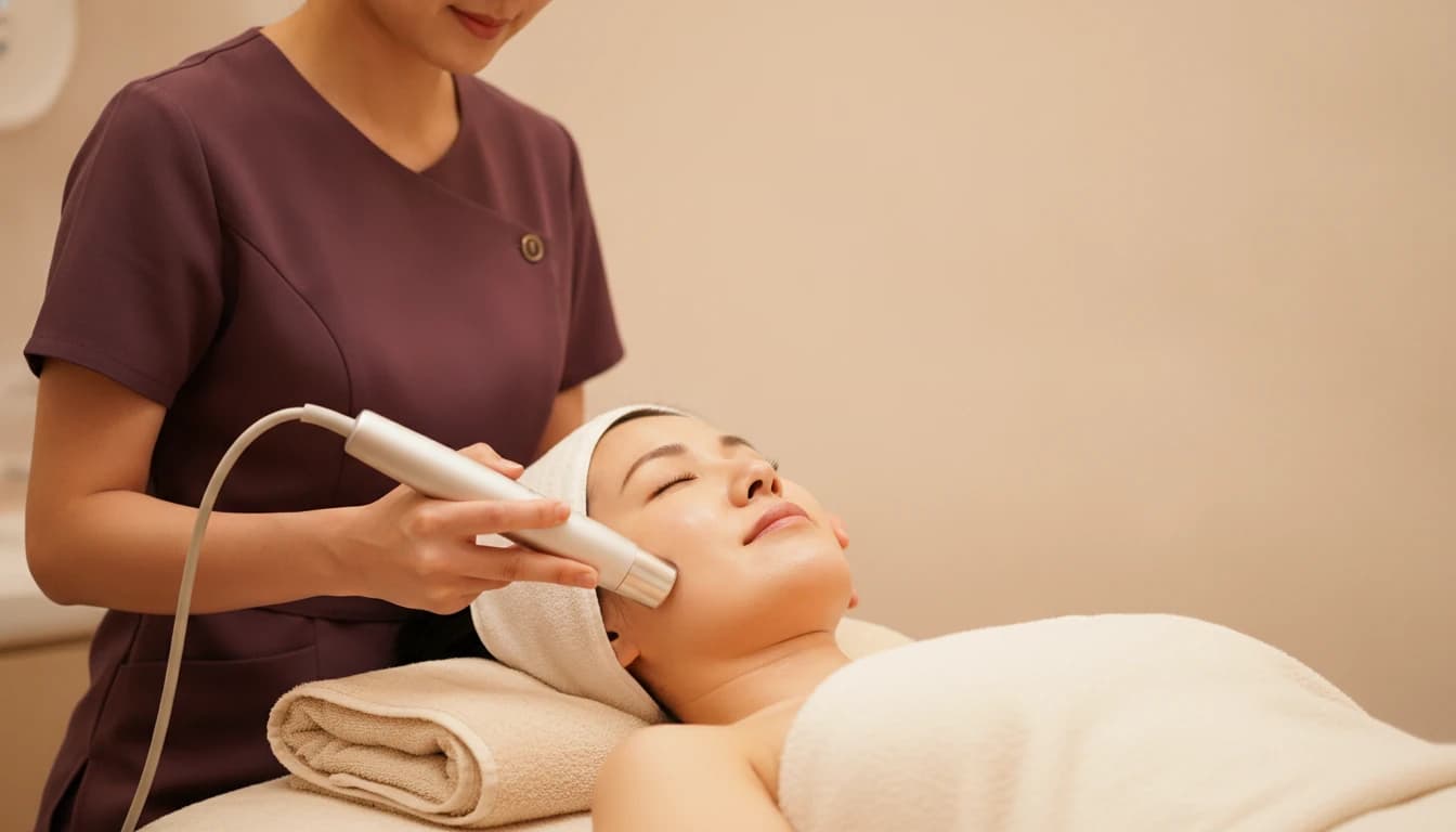 A beautician pressing a smooth needle-free skin-booster device against a reclining client's cheek, the skin looking dewy.