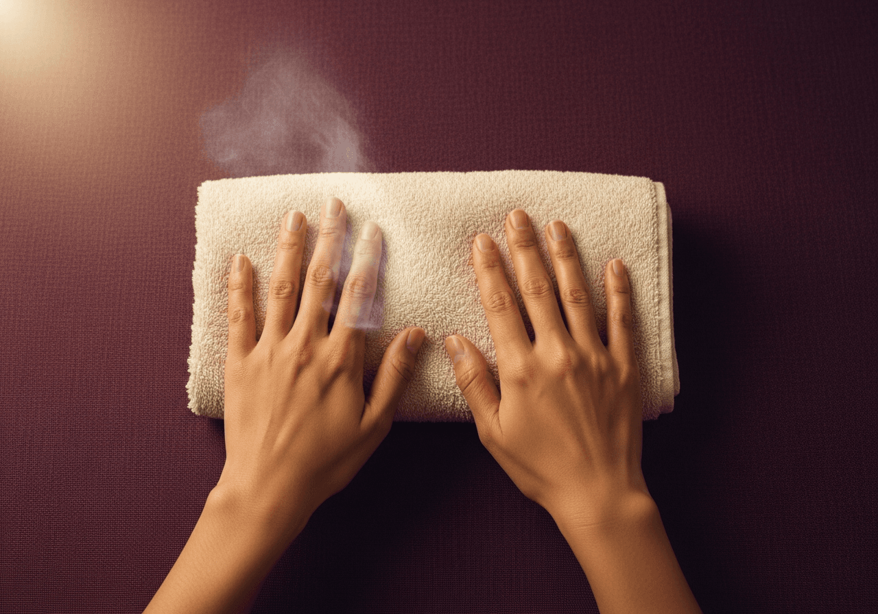 Hands sculpting at the waistline through cream linen drape — no face.