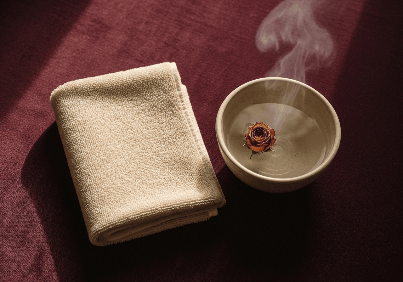 Still life — folded cream linen towel, ceramic bowl with warm water and steam, single dried rose on deep aubergine cloth.
