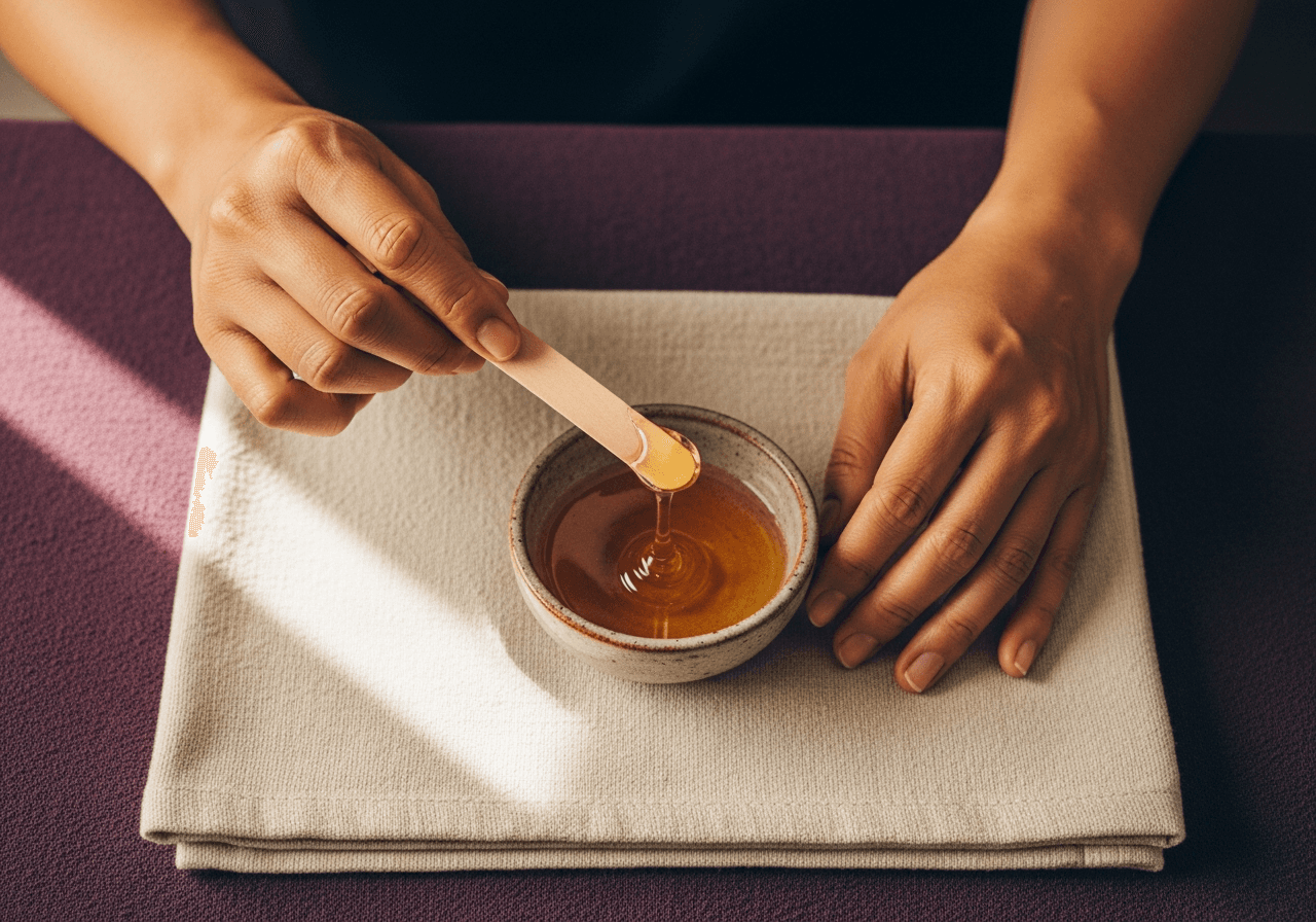 Hand holding a wooden warm-wax applicator above a small ceramic bowl of honey-coloured wax.