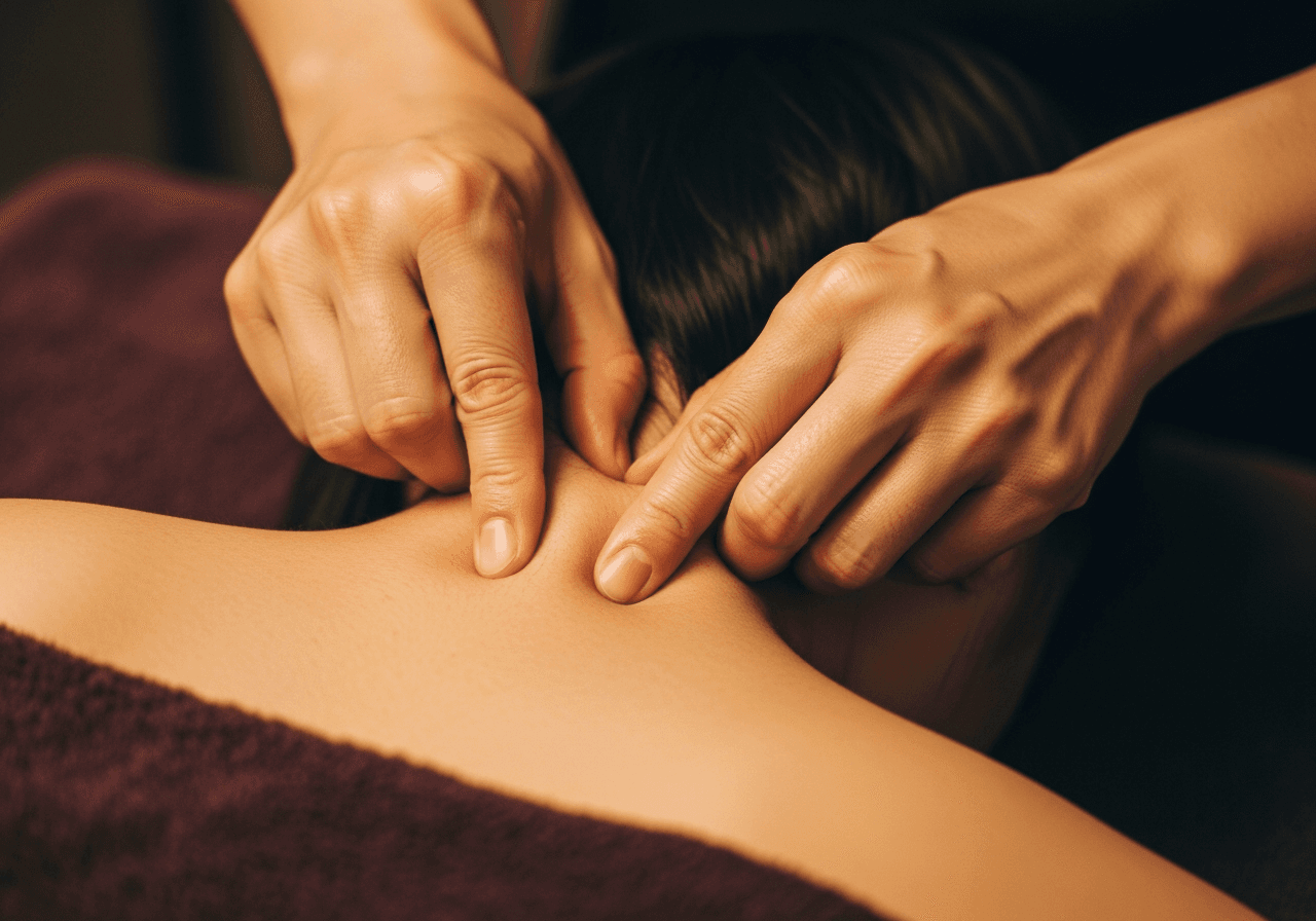 Hands pressing thumbs into the trapezius — back of neck only, no face.
