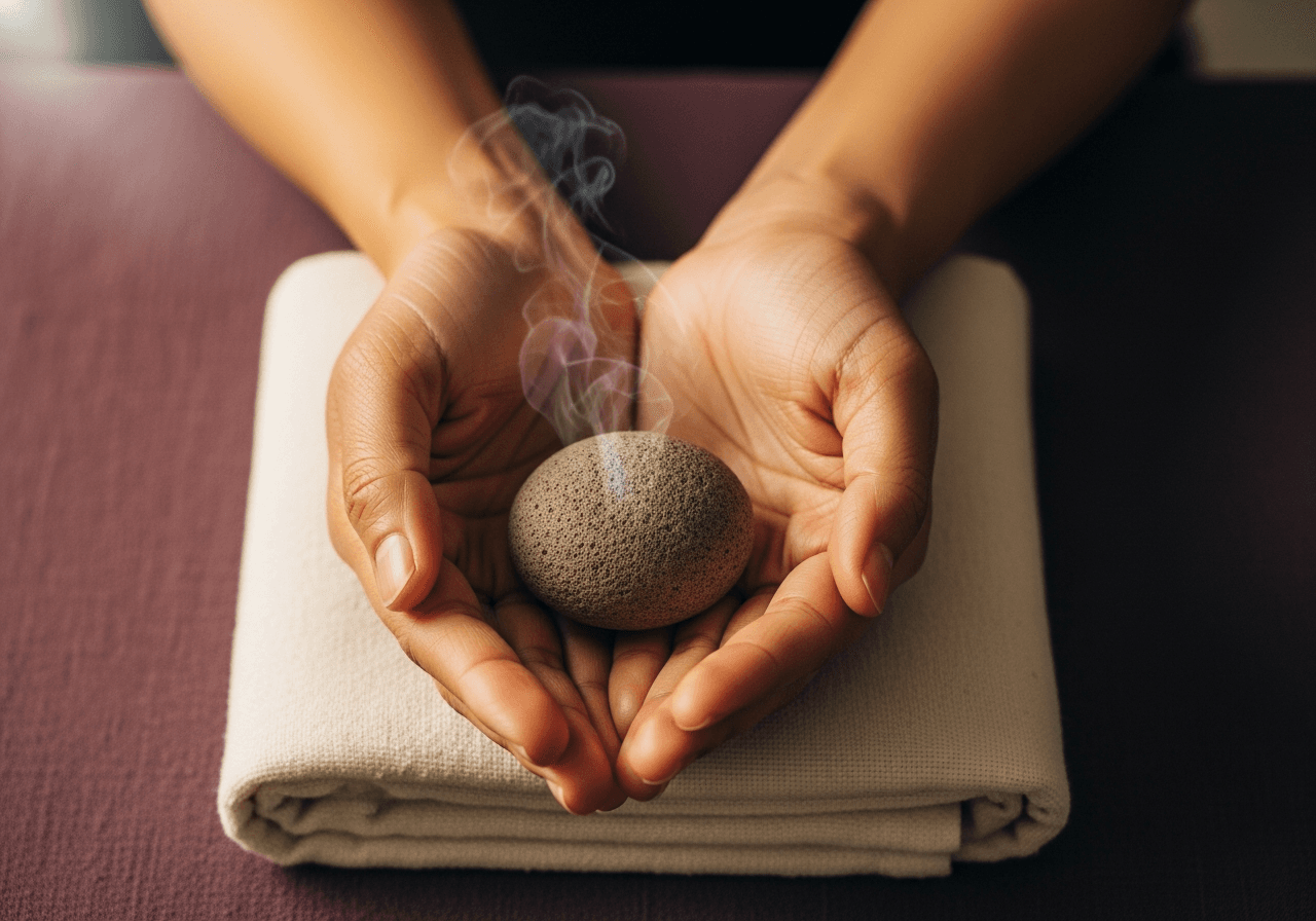 Hands cradling a warm volcanic stone over folded cream linen.